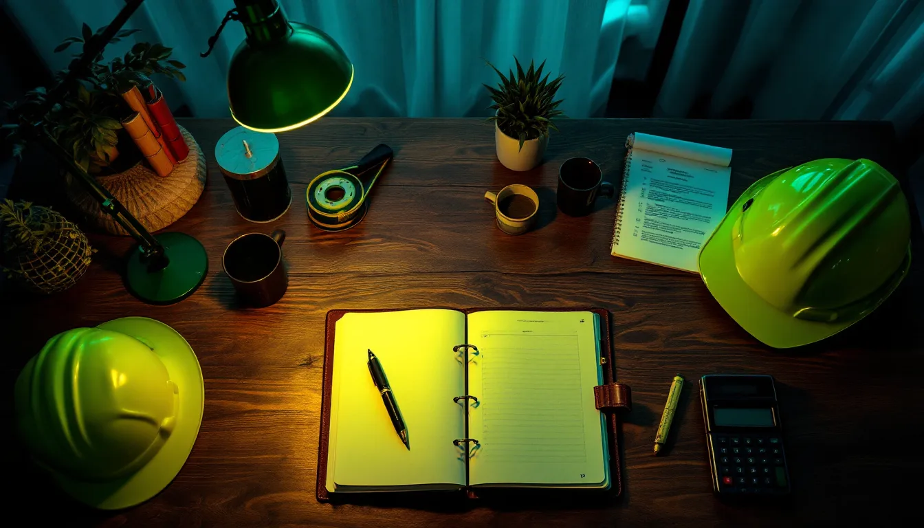 A ledger, chalk-line reel, hard hat and calculator arranged on a dark walnut desk under a green-tinted lamp