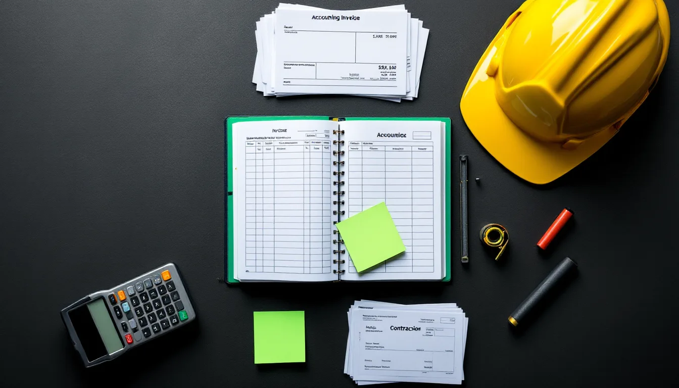 Overhead flat-lay of a ledger, hard hat, chalk line and calculator on a dark surface